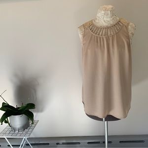 Tan textured blouse with back lace accent